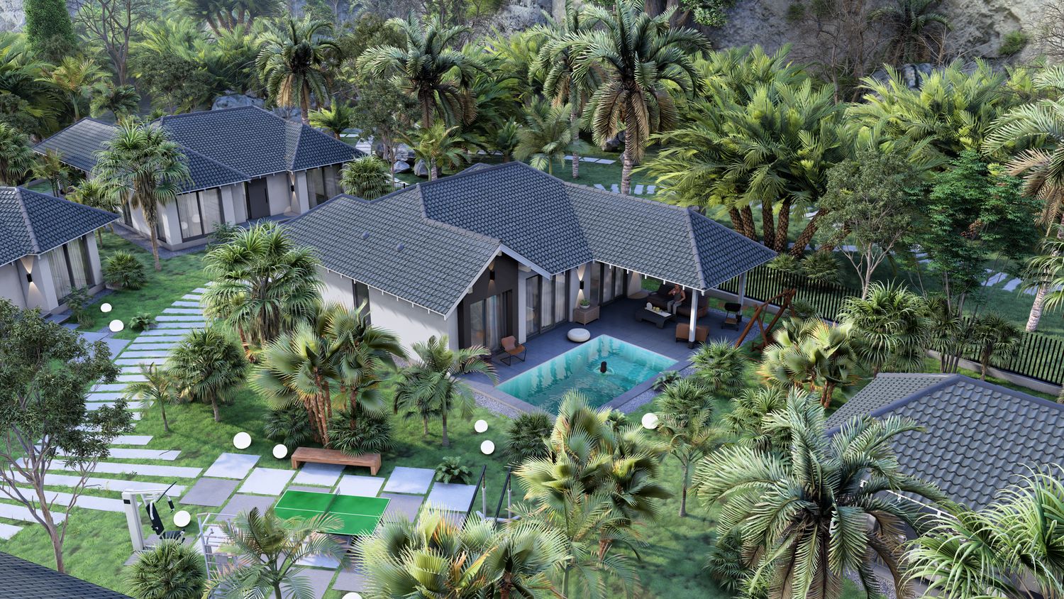 Moderne Poolvilla am Abend